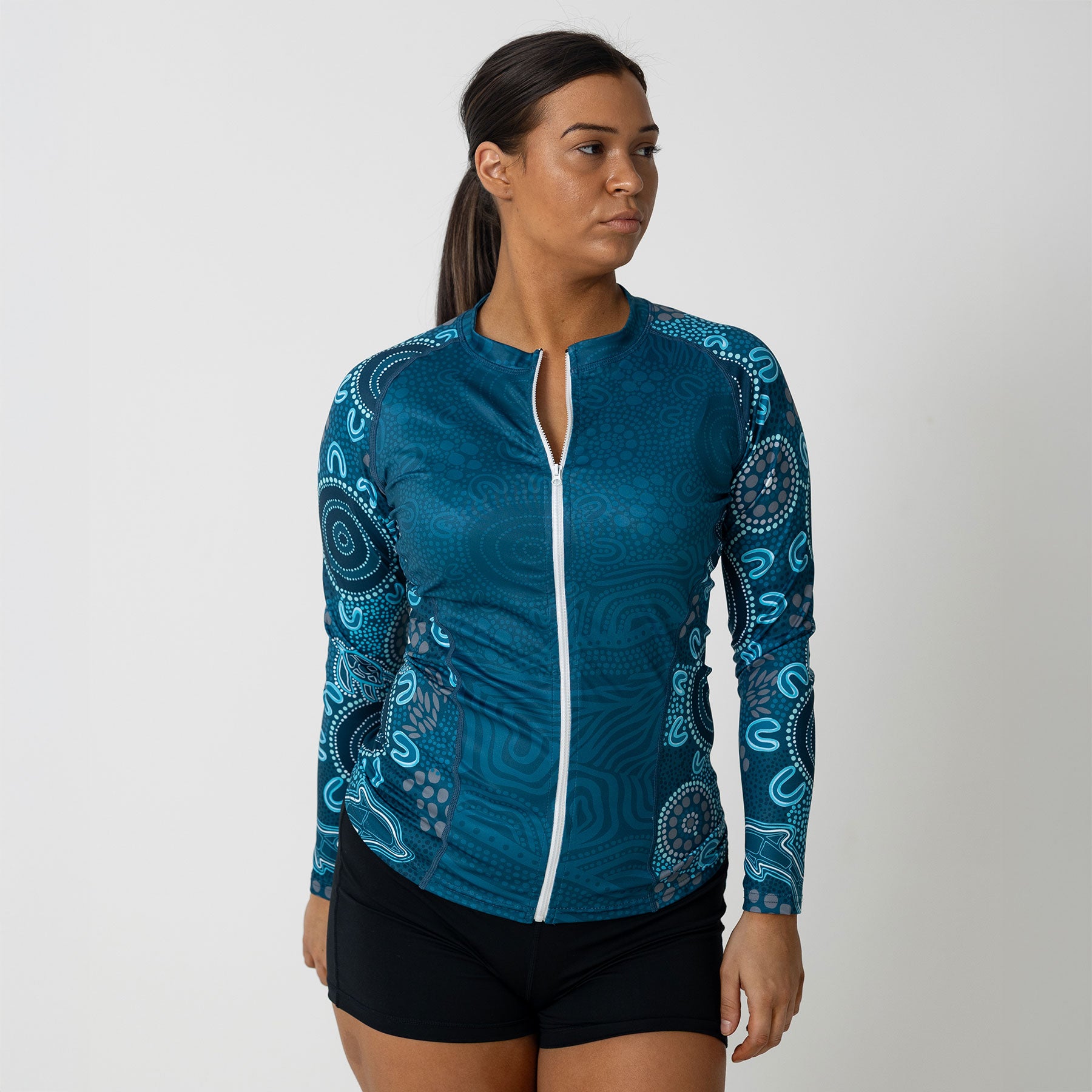 Women's Zipped Long Sleeve Rash Vest, Eternal (Ocean)